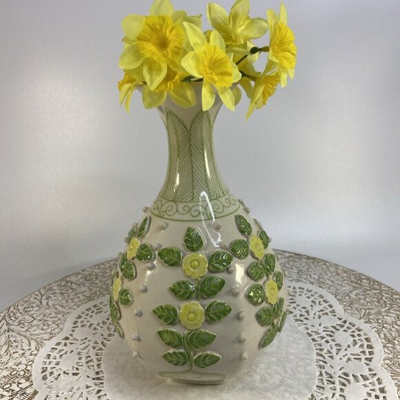 Anthropologie Vase Applied Flowers Blooms Yellow Green Leaf Vine Scroll Hexagon - Picture 3 of 9